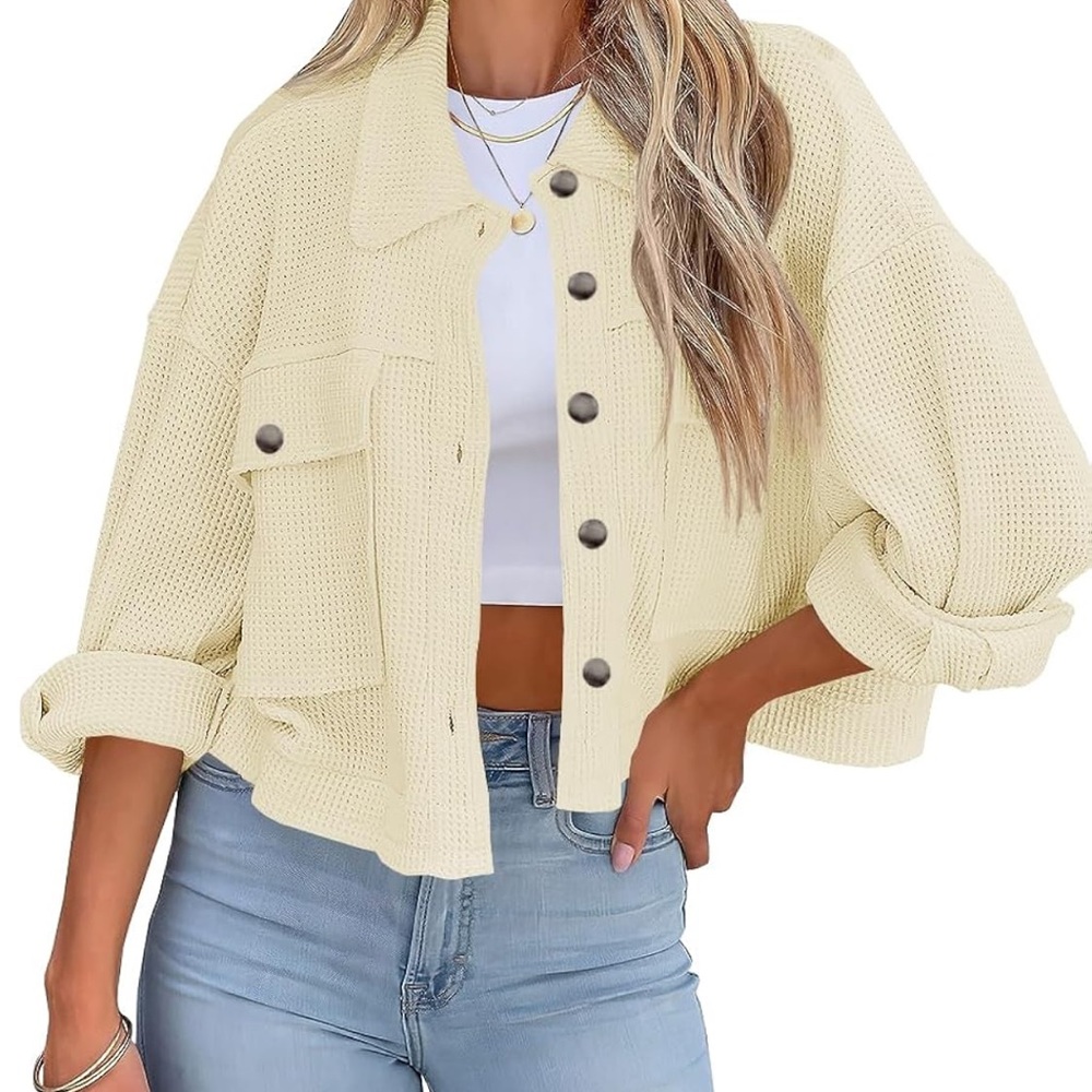 BZB NWOT WAFFLE KNIT THERMAL Cream Button-Up Jacket SHACKET
